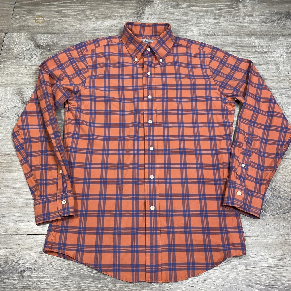 Ratio Clothing Shirt Mens M Orange Blue Plaid Long Sleeve Button Front